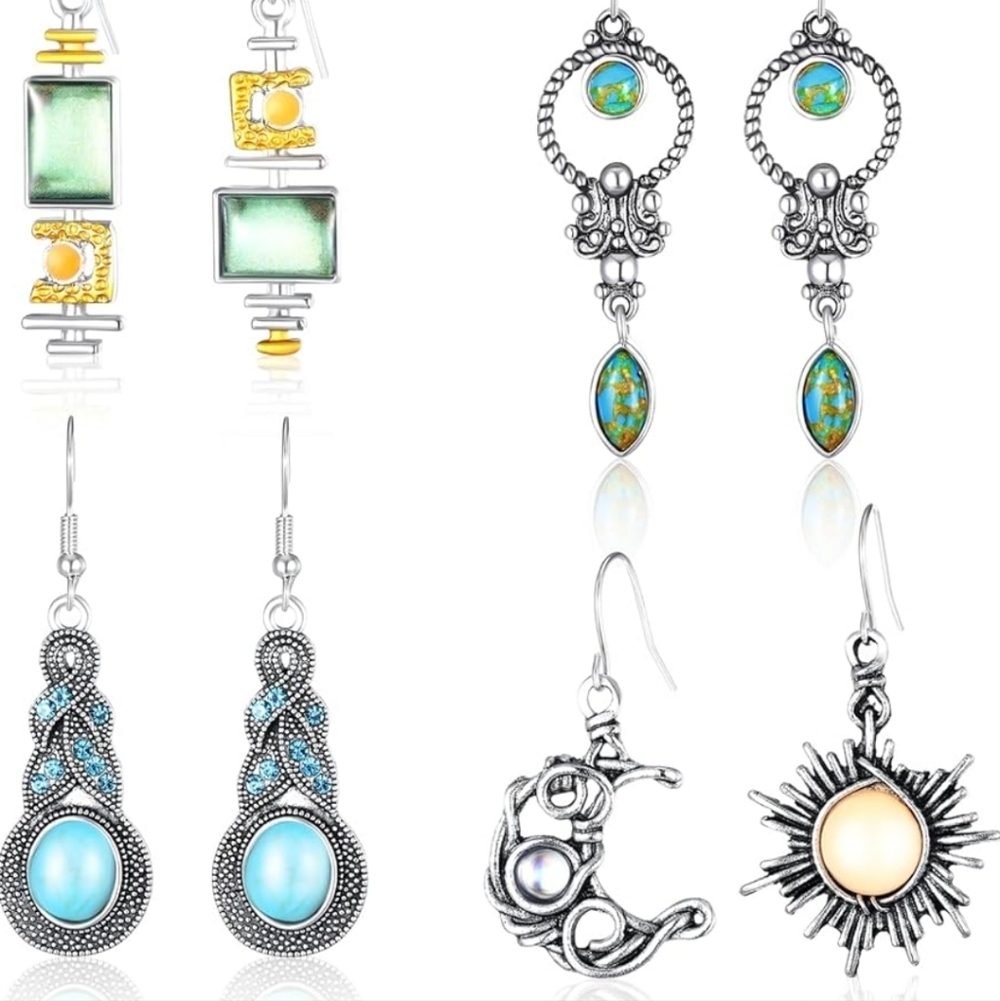 Silver and Blue Gemstone Dangle Earrings Set